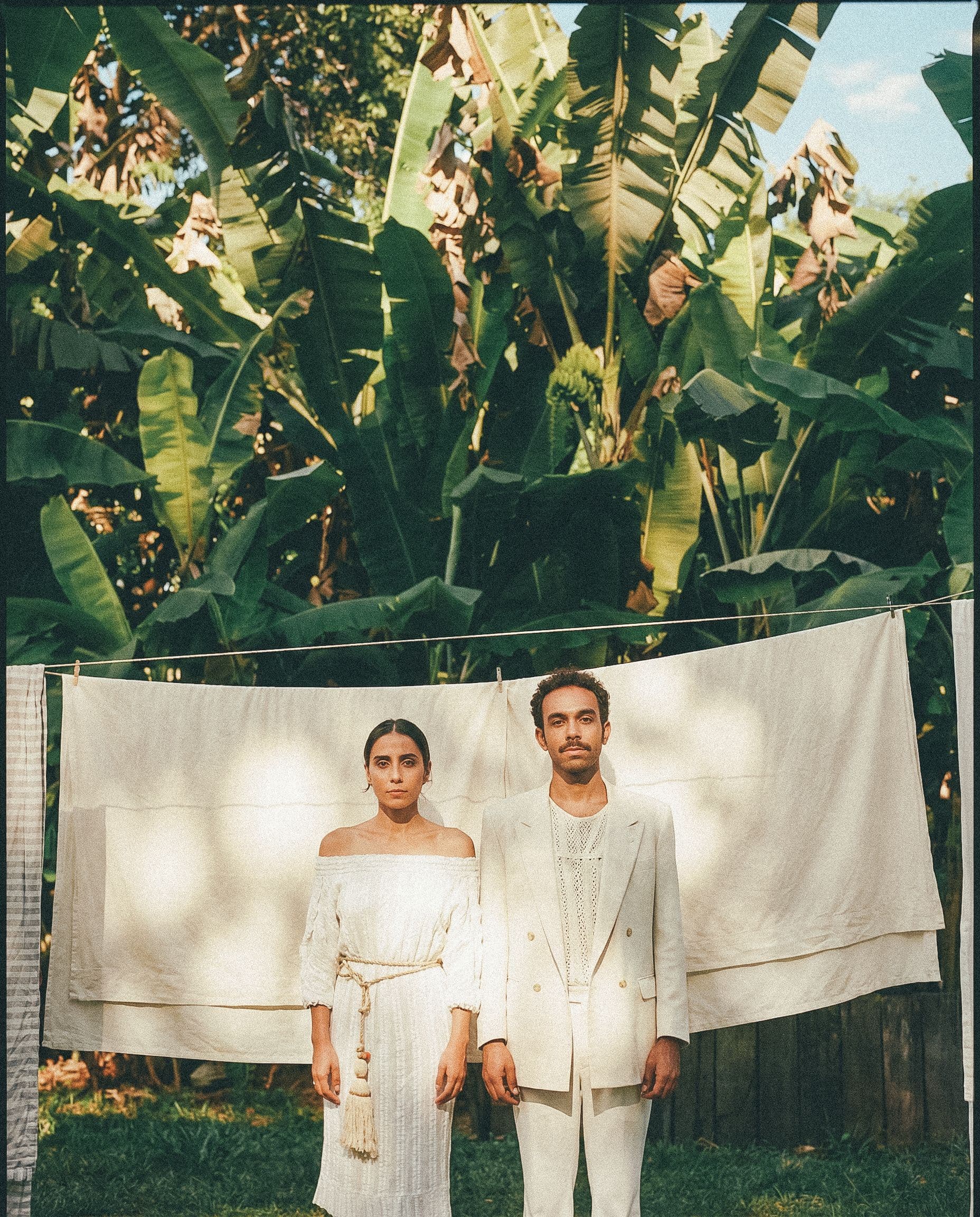 Banana leaves and hanging linen in the jungle garden