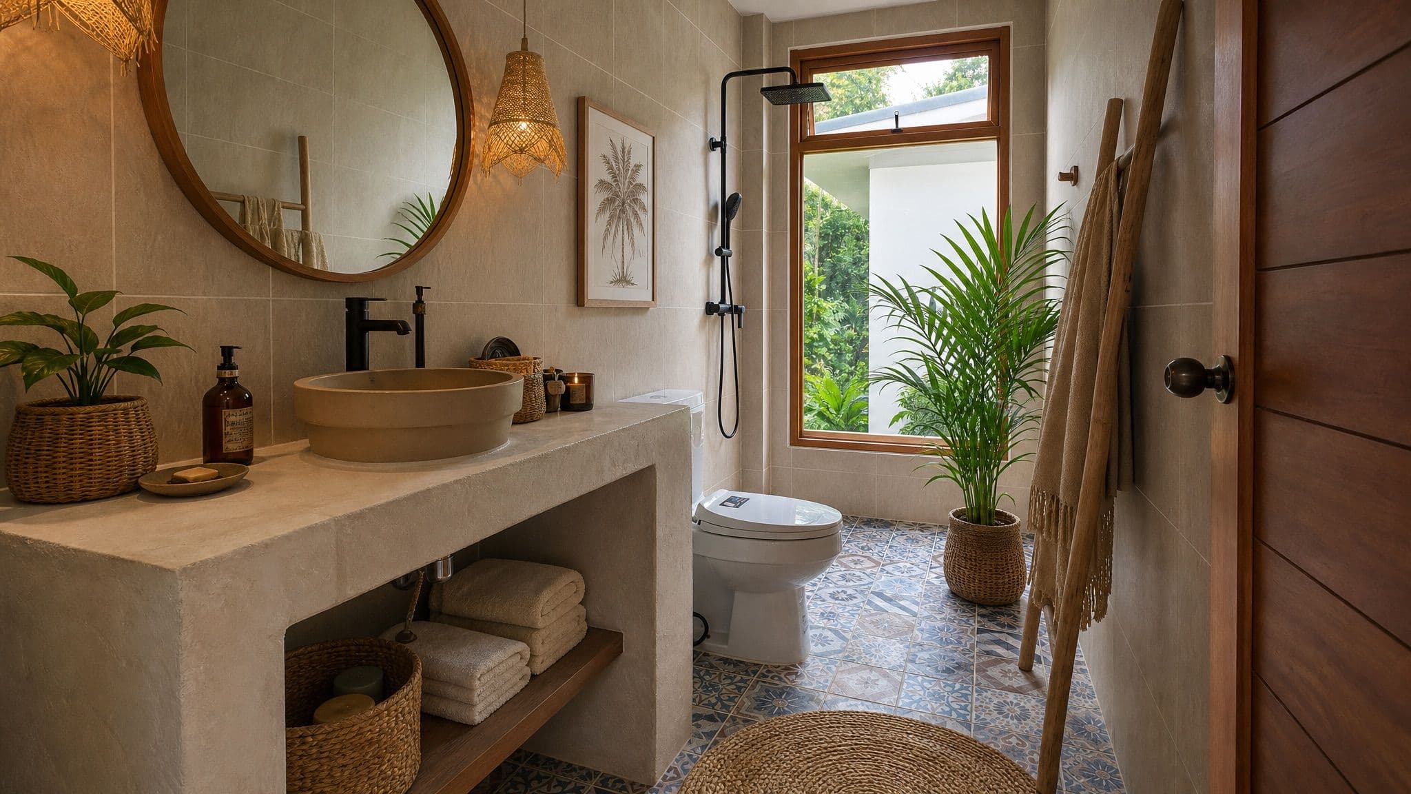 Stone basin, rain shower, patterned tile floor, palm by the window